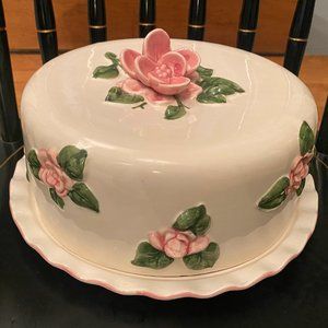 Ceramic Cake Plate | Dome Floral Rose Pink Green | Made in Portugal